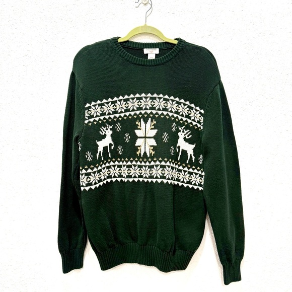Dockers Dark Green Crewneck Sweater with Reindeer Pattern L - Picture 1 of 6